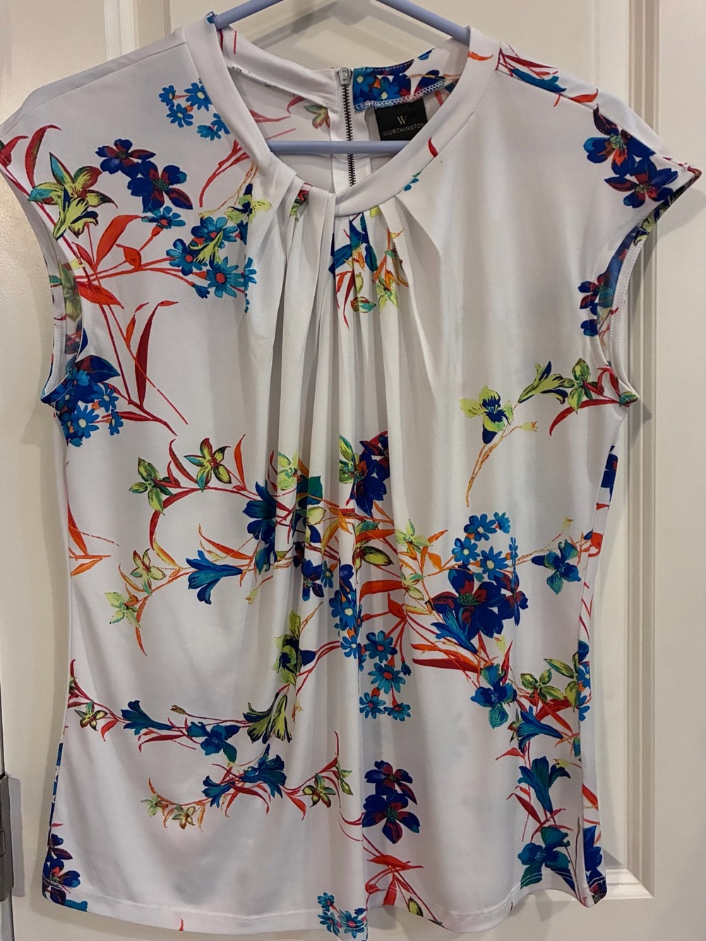 Worthington White Top with Bright Floral Print